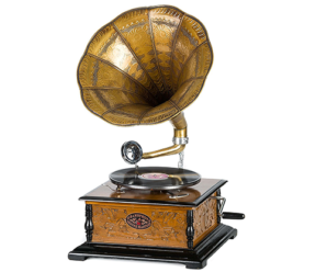 Grammofono a tromba con piatto in ceralacca stile antico evocativo